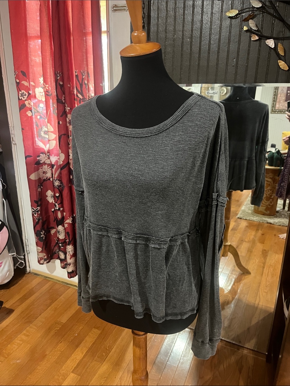 True Craft Dark Charcoal Peplum Long-Sleeve Top